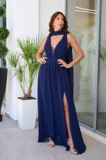 Φόρεμα maxi με κεντημένες λεπτομέρειες και φουλάρι midnight blue