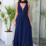 Φόρεμα maxi με κεντημένες λεπτομέρειες και φουλάρι midnight blue