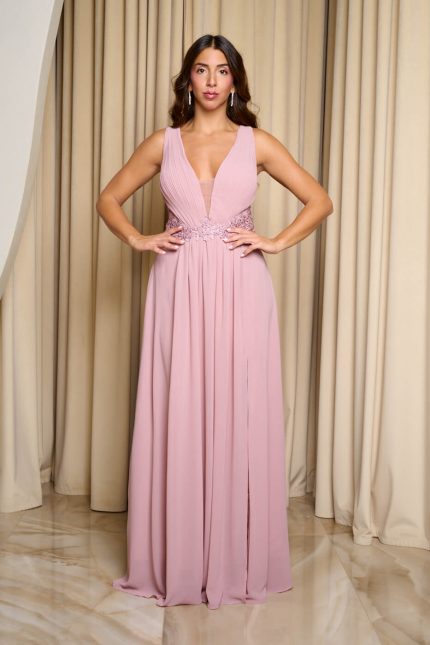 Φόρεμα maxi με κεντημένες λεπτομέρειες και φουλάρι ροζ