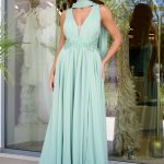 Φόρεμα maxi με κεντημένες λεπτομέρειες και φουλάρι μέντα