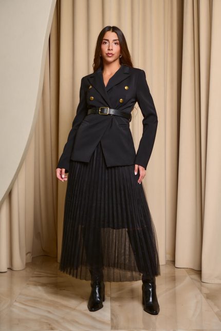 Σετ σακάκι με χρυσά κουμπιά - φούστα πλισέ μαύρο