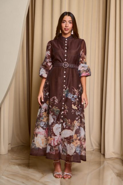 Φόρεμα maxi με floral print και διακοσμητικά κουμπιά καφέ