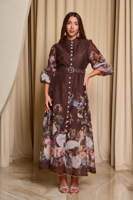 Φόρεμα maxi με floral print και διακοσμητικά κουμπιά καφέ