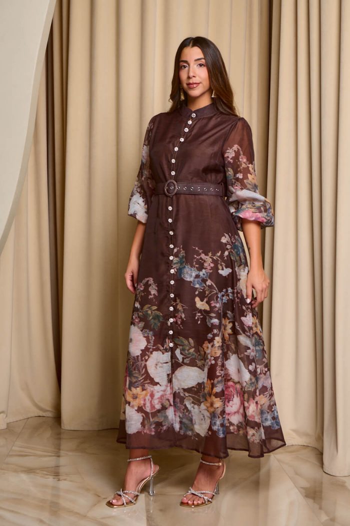 Φόρεμα maxi με floral print και διακοσμητικά κουμπιά καφέ