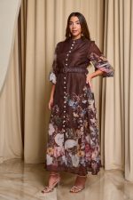 Φόρεμα maxi με floral print και διακοσμητικά κουμπιά καφέ