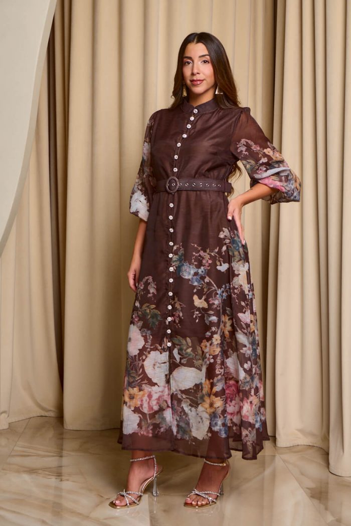 Φόρεμα maxi με floral print και διακοσμητικά κουμπιά καφέ