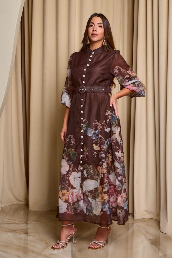 Φόρεμα maxi με floral print και διακοσμητικά κουμπιά καφέ