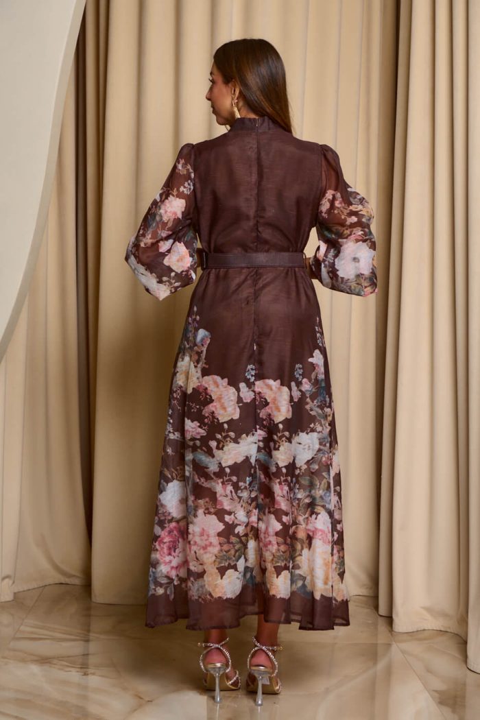 Φόρεμα maxi με floral print και διακοσμητικά κουμπιά καφέ