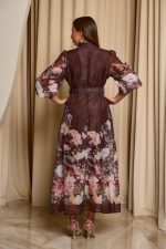 Φόρεμα maxi με floral print και διακοσμητικά κουμπιά καφέ