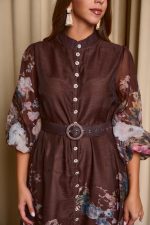 Φόρεμα maxi με floral print και διακοσμητικά κουμπιά καφέ