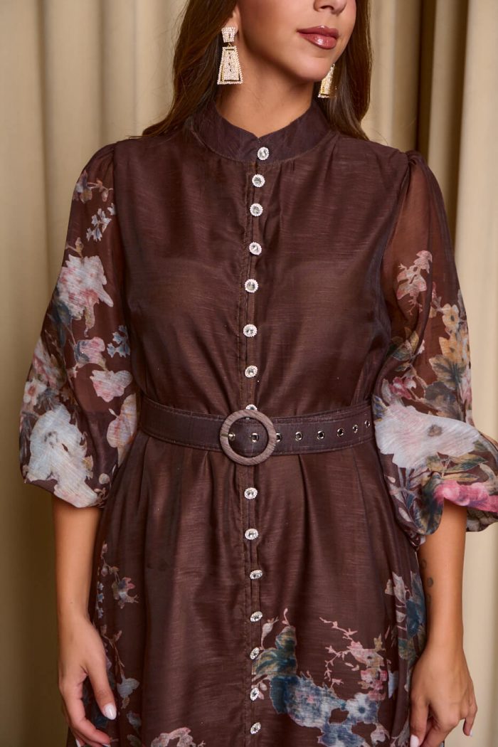 Φόρεμα maxi με floral print και διακοσμητικά κουμπιά καφέ