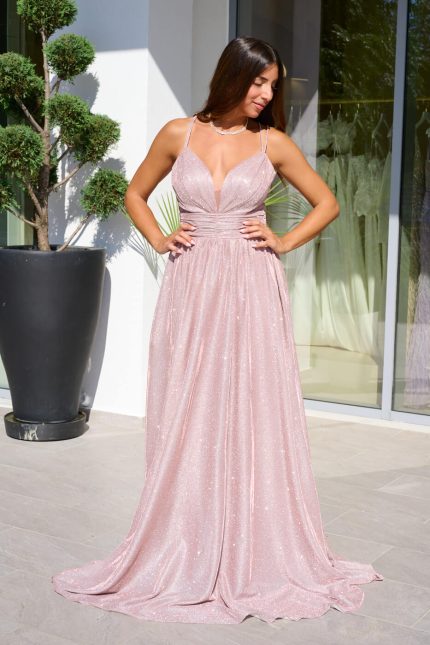Φόρεμα maxi lurex με λεπτές τιράντες κορδονάκι ροζ