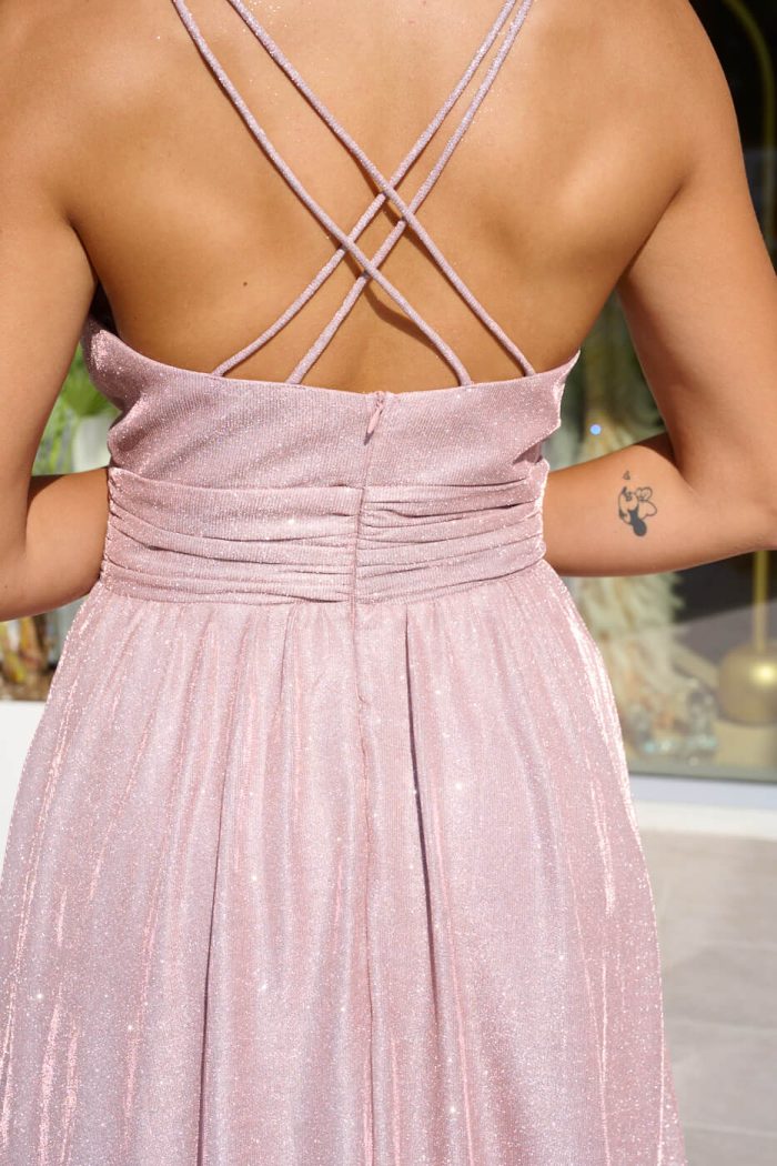 Φόρεμα maxi lurex με λεπτές τιράντες κορδονάκι ροζ