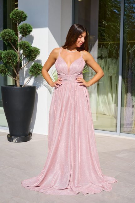 Φόρεμα maxi lurex με λεπτές τιράντες κορδονάκι ροζ