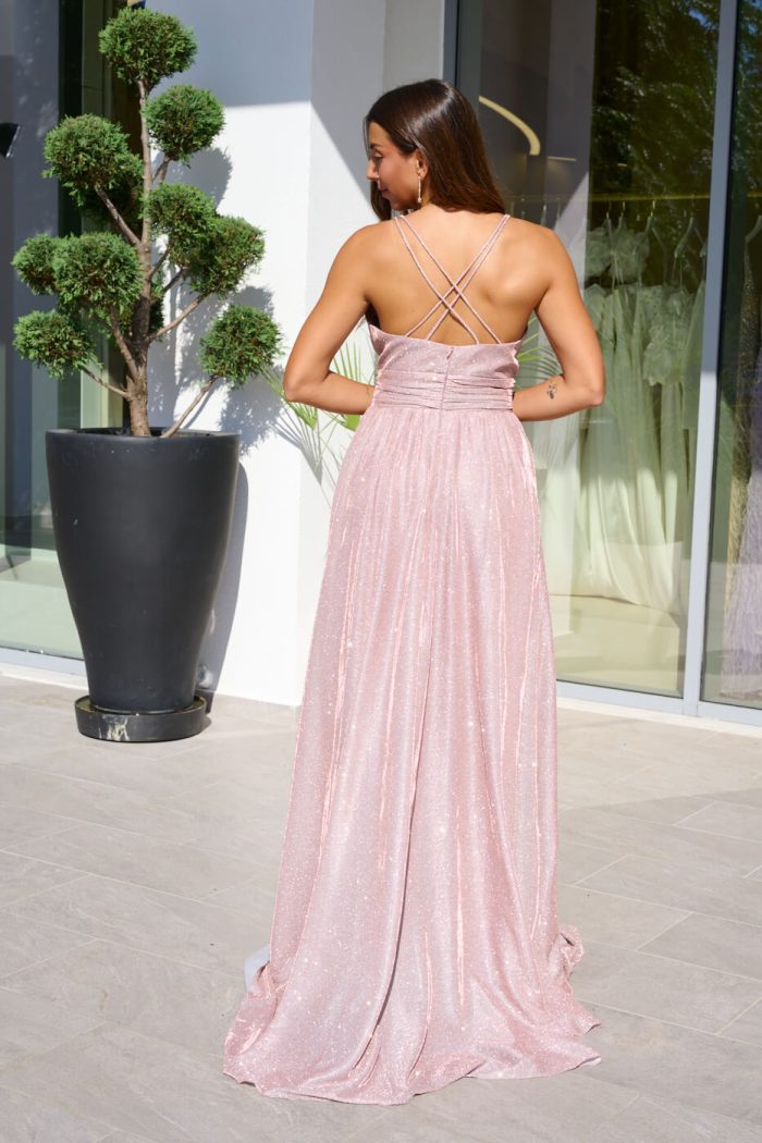 Φόρεμα maxi lurex με λεπτές τιράντες κορδονάκι ροζ