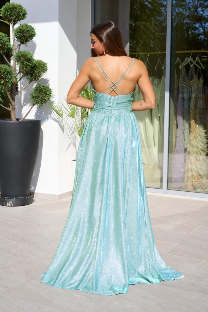 Φόρεμα maxi lurex με λεπτές τιράντες κορδονάκι μέντα
