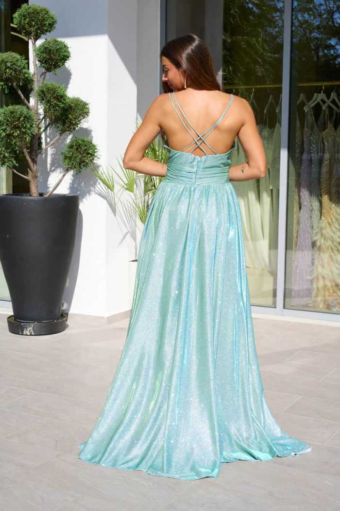 Φόρεμα maxi lurex με λεπτές τιράντες κορδονάκι μέντα