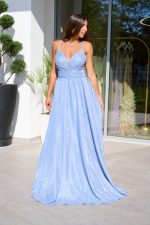 Φόρεμα maxi lurex με λεπτές τιράντες κορδονάκι σιέλ