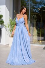 Φόρεμα maxi lurex με λεπτές τιράντες κορδονάκι σιέλ