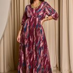 Φόρεμα maxi εμπριμέ με βαθύ V ντεκολτέ μπορντό