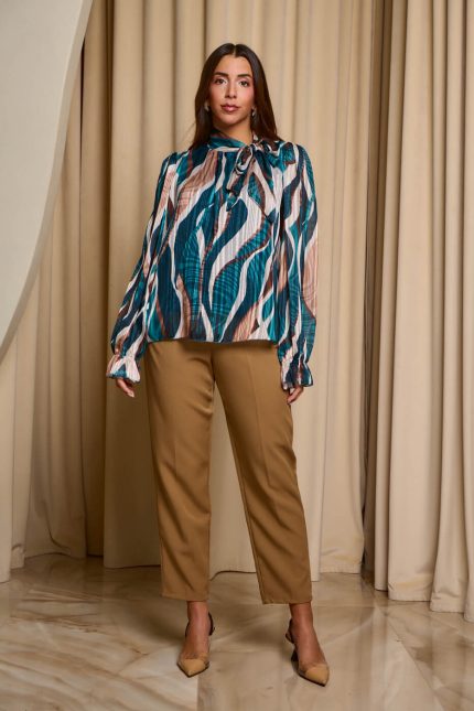 Μπλούζα εμπριμέ με φιόγκο πράσινη