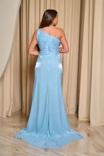 Φόρεμα maxi one shoulder πλισέ με ουρά baby blue