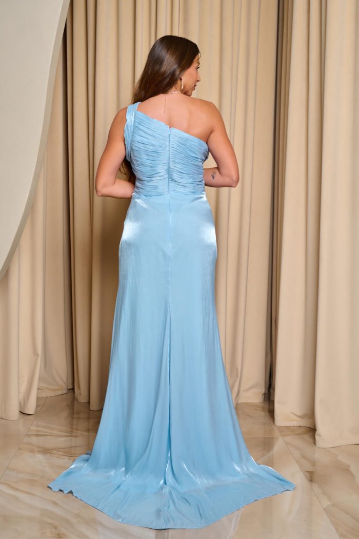 Φόρεμα maxi one shoulder πλισέ με ουρά baby blue