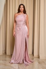 Φόρεμα maxi one shoulder πλισέ με ουρά baby pink