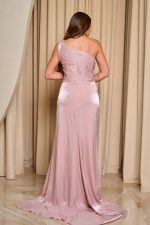 Φόρεμα maxi one shoulder πλισέ με ουρά baby pink
