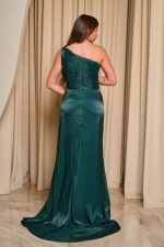 Φόρεμα maxi one shoulder πλισέ με ουρά κυπαρισσί