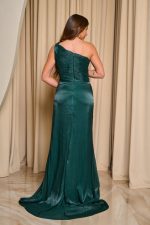Φόρεμα maxi one shoulder πλισέ με ουρά κυπαρισσί