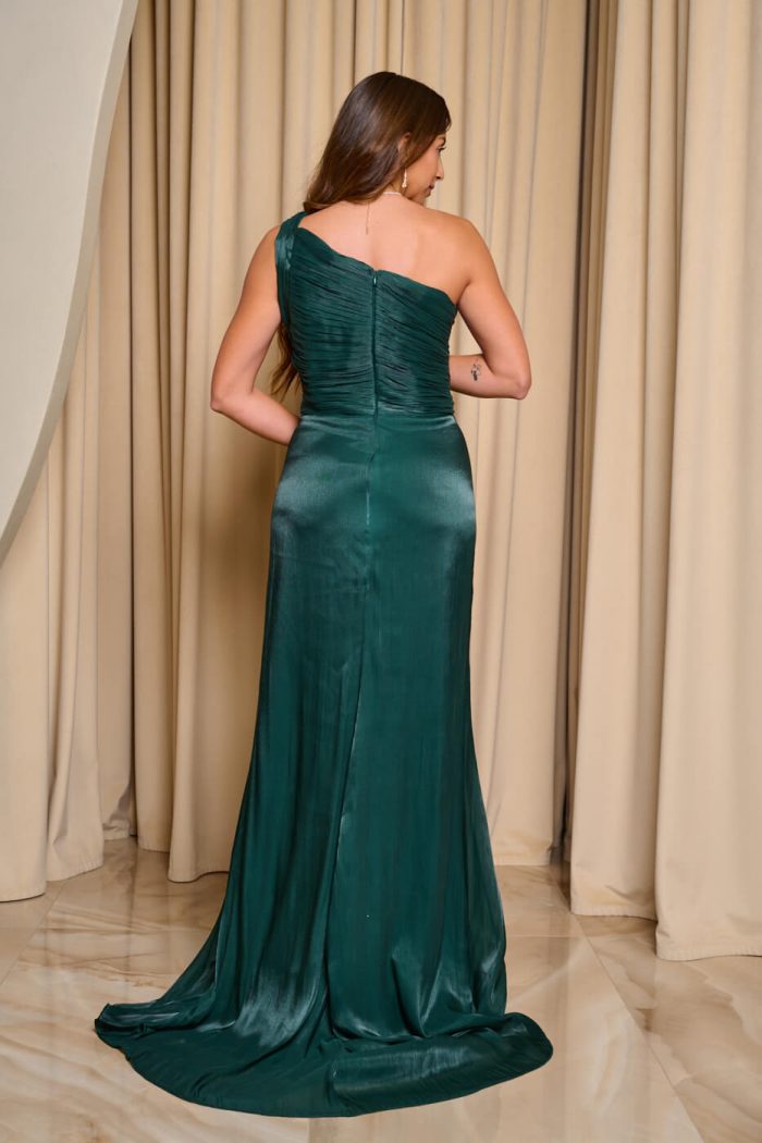 Φόρεμα maxi one shoulder πλισέ με ουρά κυπαρισσί
