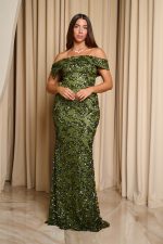 Φόρεμα maxi off shoulder με παγιέτες και ντραπέ μπούστο λαδί