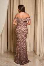 Φόρεμα maxi off shoulder με παγιέτες και ντραπέ μπούστο bronze