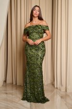 Φόρεμα maxi off shoulder με παγιέτες και ντραπέ μπούστο λαδί