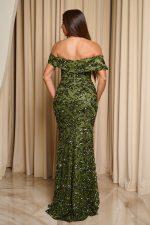 Φόρεμα maxi off shoulder με παγιέτες και ντραπέ μπούστο λαδί