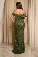 Φόρεμα maxi off shoulder με παγιέτες και ντραπέ μπούστο λαδί