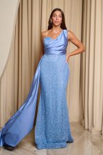 Φόρεμα maxi one shoulder με στρας και ουρά dusty blue