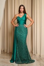 Φόρεμα maxi one shoulder με στρας και ουρά κυπαρισσί
