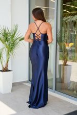 Φόρεμα maxi σατέν με κορσέ και ντραπέ μπούστο midnight blue
