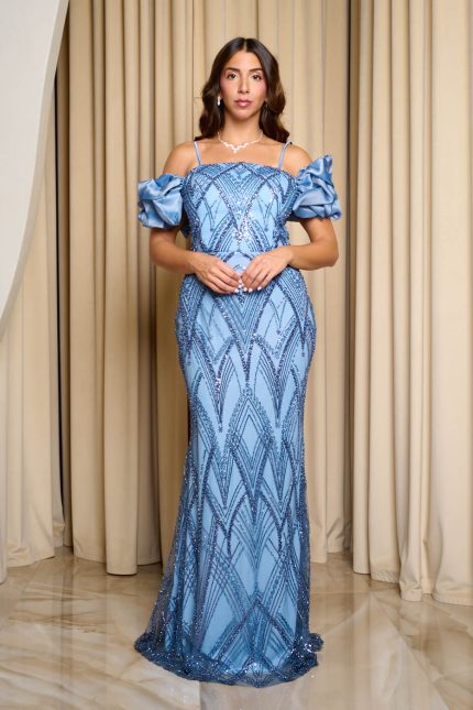 Φόρεμα maxi off shoulder με παγιέτες χάντρες και balloon μανίκια dusty blue
