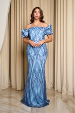 Φόρεμα maxi off shoulder με παγιέτες χάντρες και balloon μανίκια dusty blue