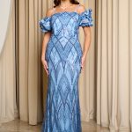 Φόρεμα maxi off shoulder με παγιέτες χάντρες και balloon μανίκια dusty blue