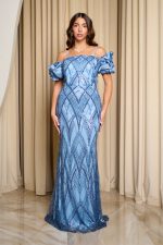Φόρεμα maxi off shoulder με παγιέτες χάντρες και balloon μανίκια dusty blue