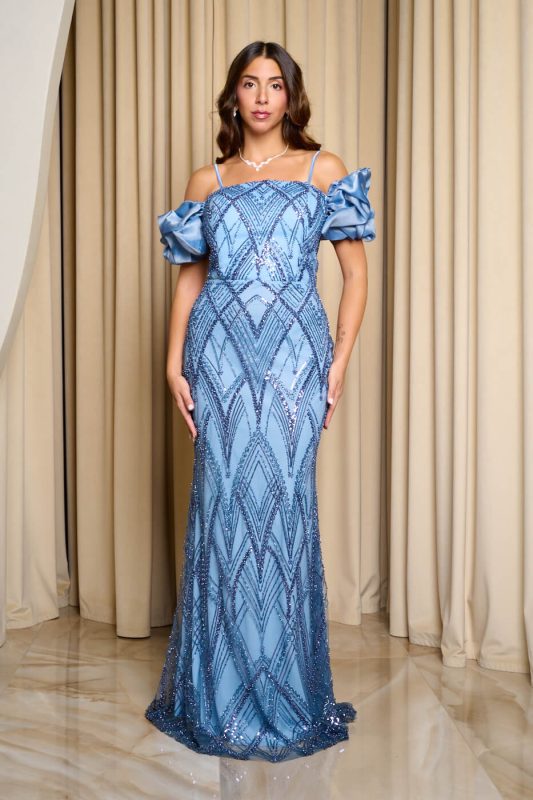 Φόρεμα maxi off shoulder με παγιέτες χάντρες και balloon μανίκια dusty blue