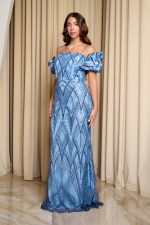 Φόρεμα maxi off shoulder με παγιέτες χάντρες και balloon μανίκια dusty blue