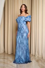 Φόρεμα maxi off shoulder με παγιέτες χάντρες και balloon μανίκια dusty blue