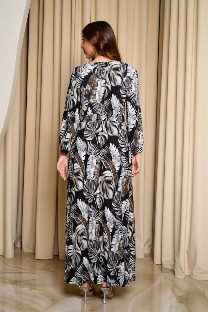 Φόρεμα maxi floral print με όψη ζώνης σε glossy υφή μαύρο