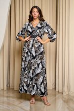 Φόρεμα maxi floral print με όψη ζώνης σε glossy υφή μαύρο