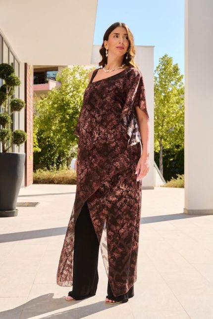 Ολόσωμη φόρμα λαχούρ one shoulder με ασύμμετρα βολάν bronze